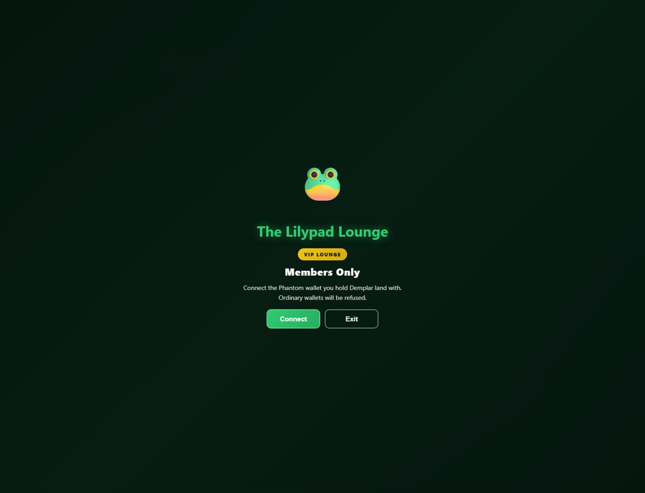 The Lilypad Lounge members-only door asking for the Phantom wallet that holds Demplar land