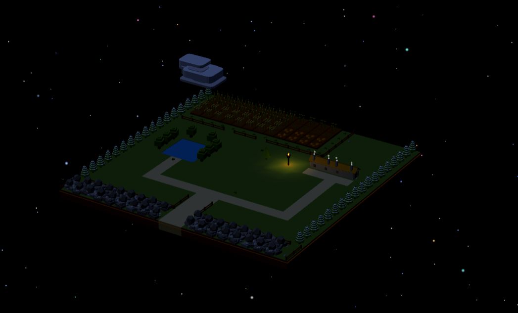 My Demplar Lands plot at night, with a lit house, crop rows, a pond, a torch, pines, and a stone border