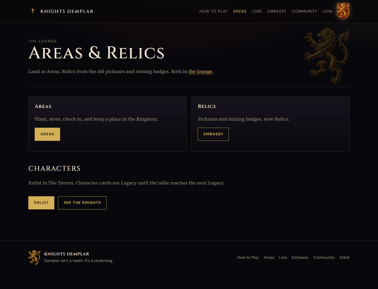 Areas and Relics page: land in the lounge, relics from pickaxes and mining badges