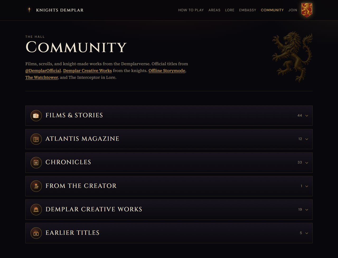 Community hall listing films, magazine, chronicles, and creative works