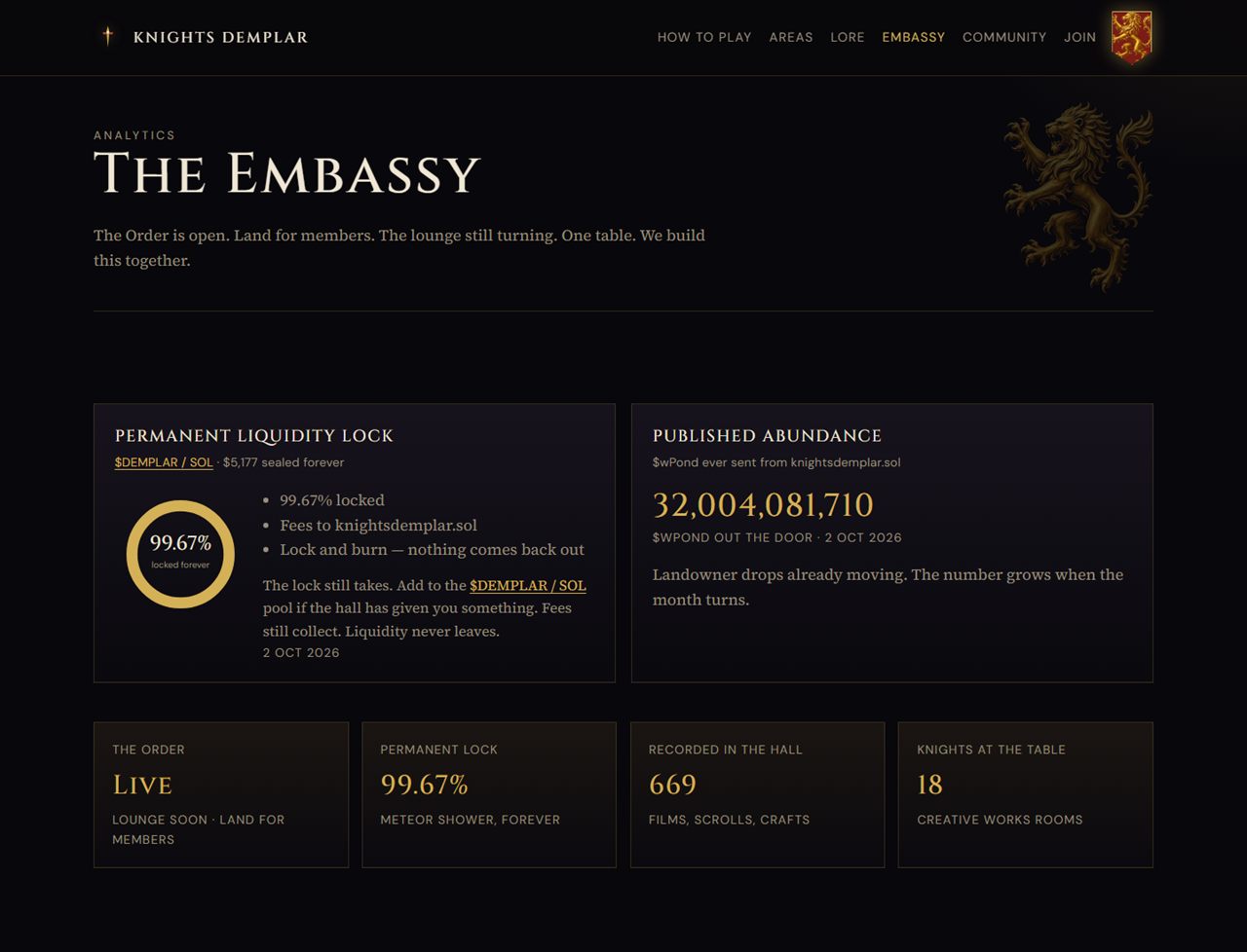 The Embassy page with the liquidity lock and wPond abundance on 2 Oct 2026