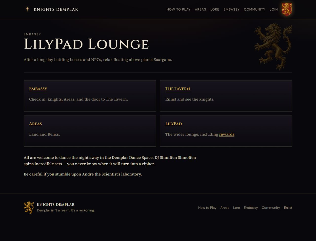 LilyPad Lounge page on knightsdemplar.com, floating above planet Saargano
