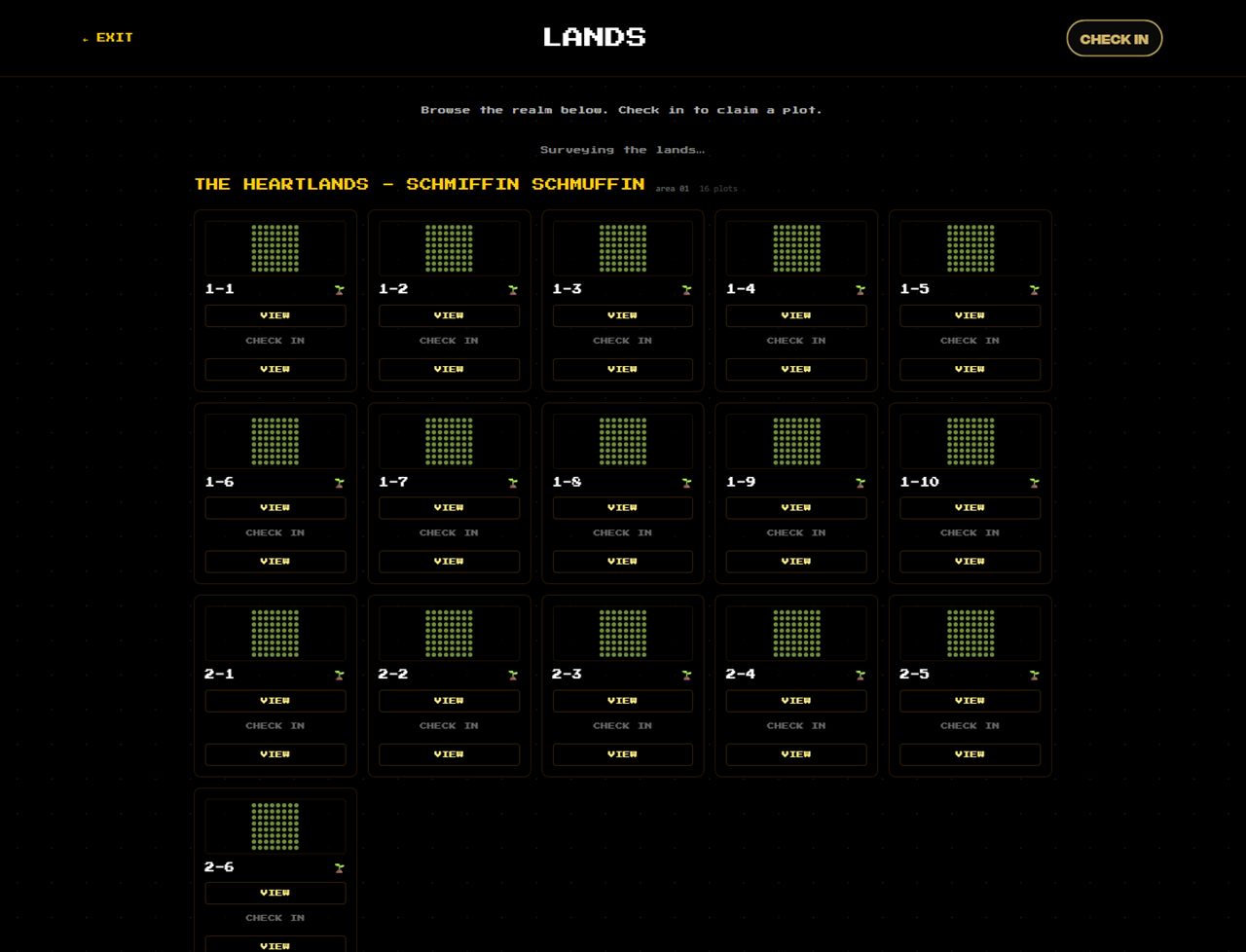 Demplar Lands directory for the Heartlands, plots with View and Check In