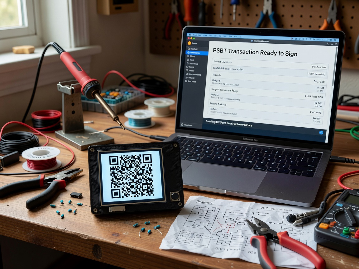 DIY SeedSigner in use signing a Bitcoin PSBT transaction with QR code
