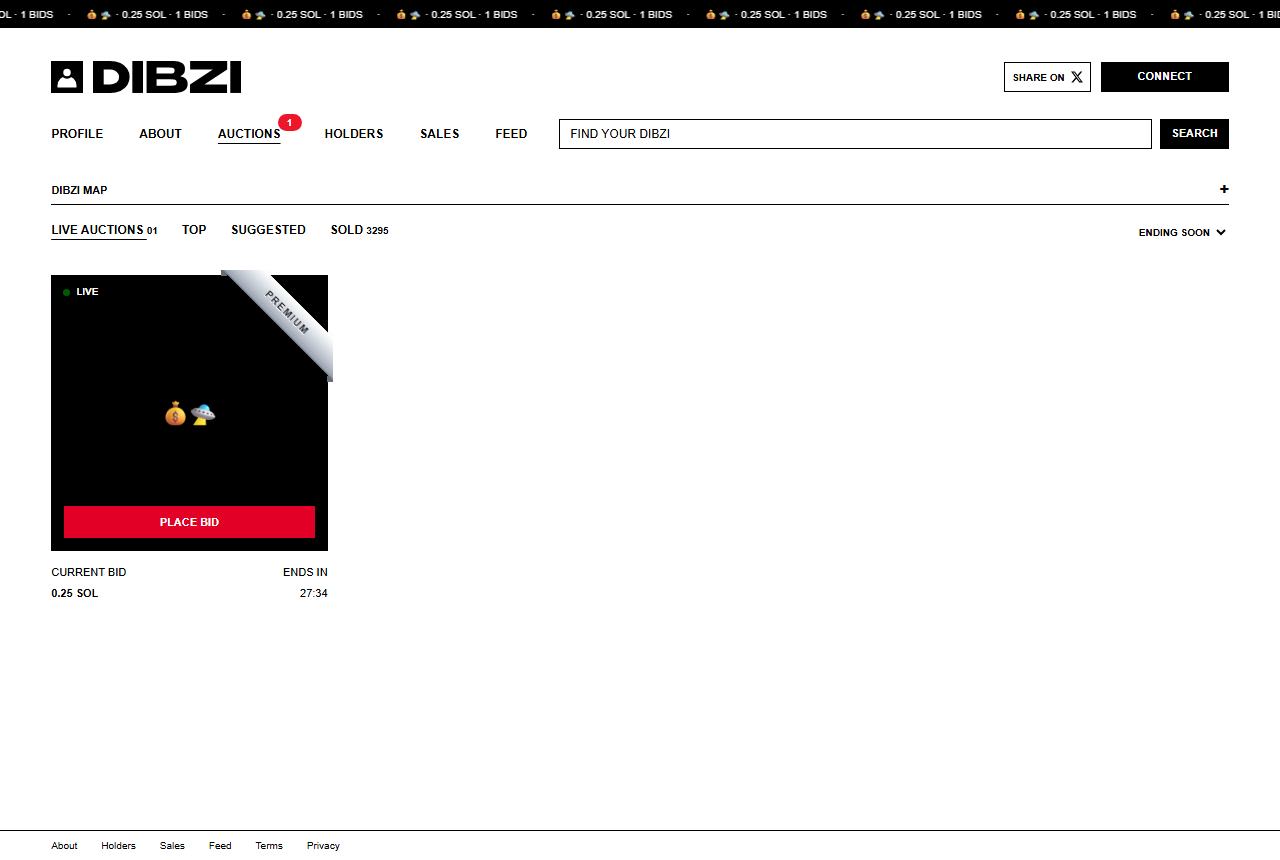 The dibzi.ai auction page. The sold counter reads 3295, and a live name card sits on the left.
