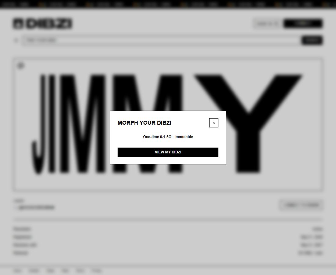 The dibzi.ai dialog MORPH YOUR DIBZI, reading One-time 0.1 SOL immutable, over the name JIMMY.