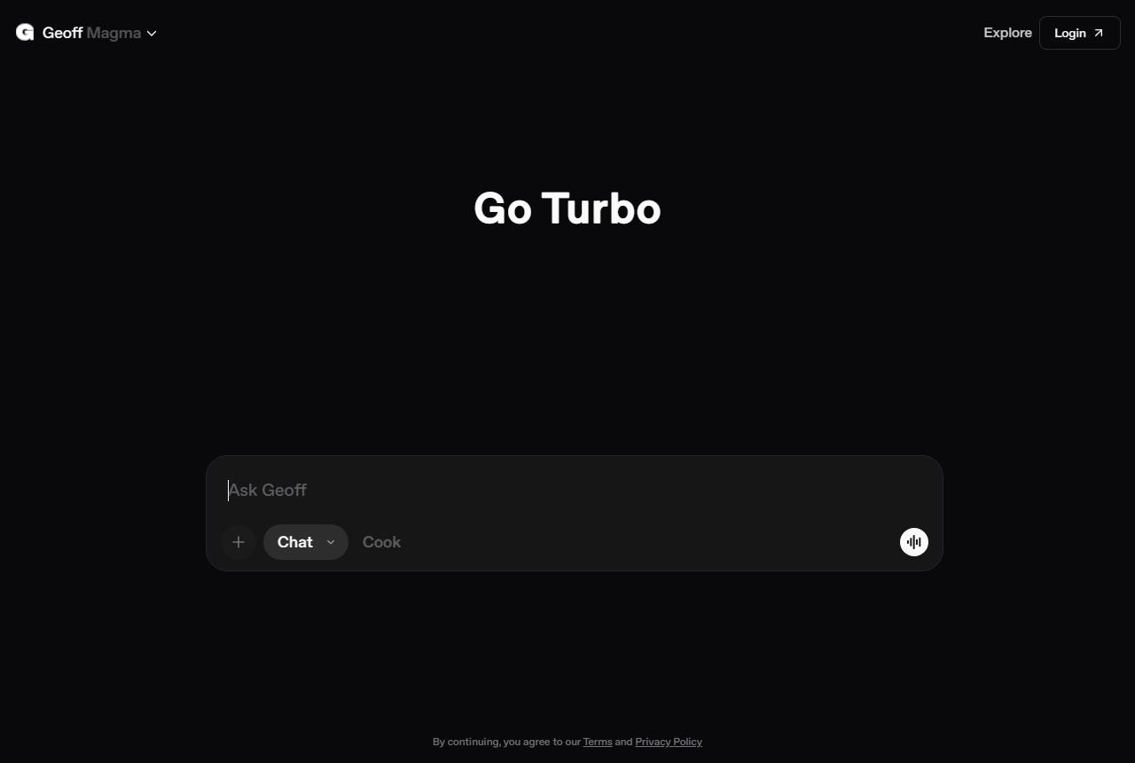 The geoff.ai page. Geoff Magma, the words Go Turbo, and an Ask Geoff box set to Chat.