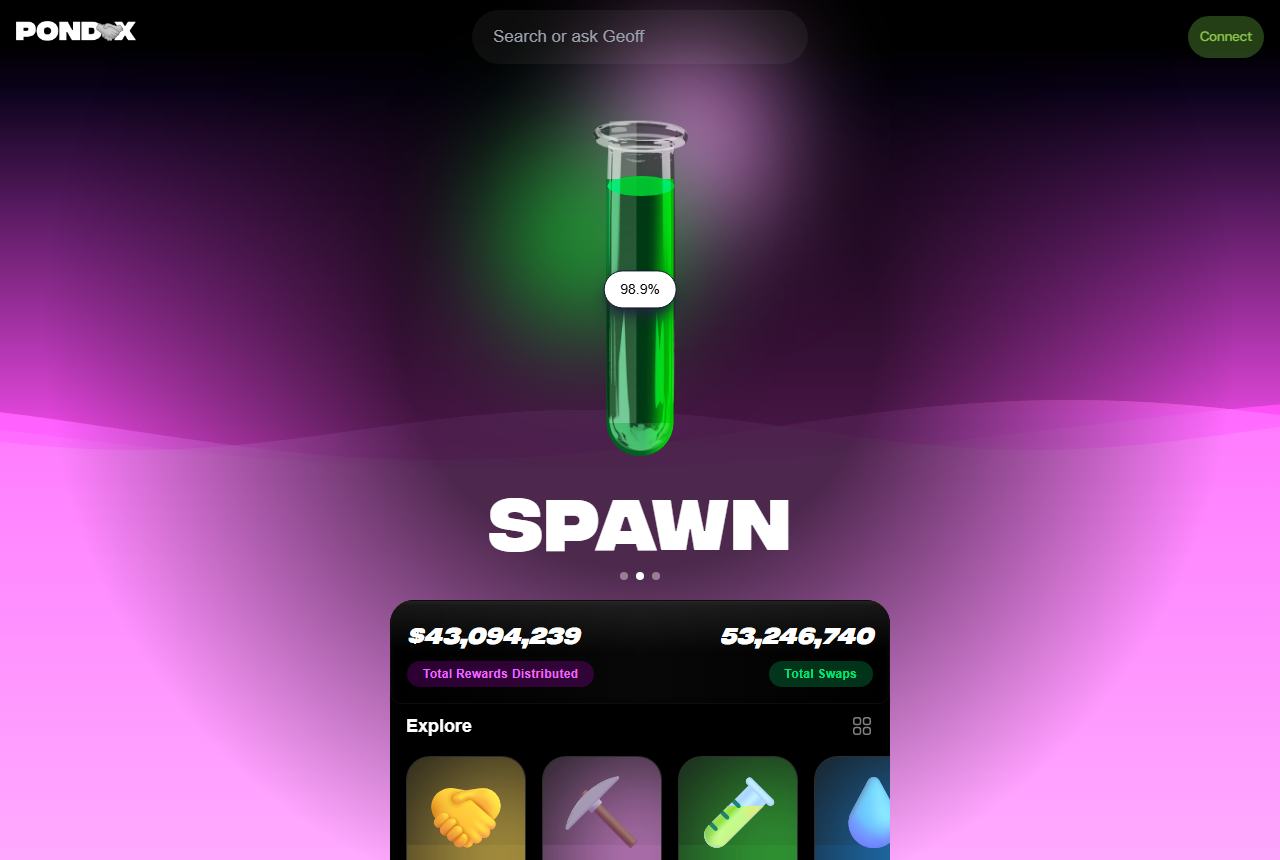 The pond0x.com Spawn screen. A vial reads 98.9 percent. The card shows total rewards distributed and total swaps.