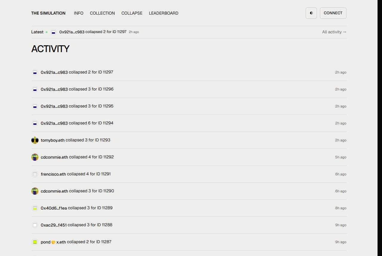 The sim.tech activity list. Each line is a collapse, with a quantity and a token id.