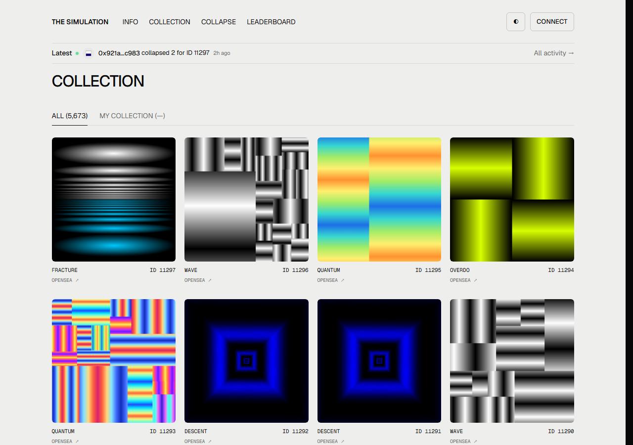 The sim.tech collection grid. The tab reads ALL 5673. Visible tokens include FRACTURE 11297 and WAVE 11296.