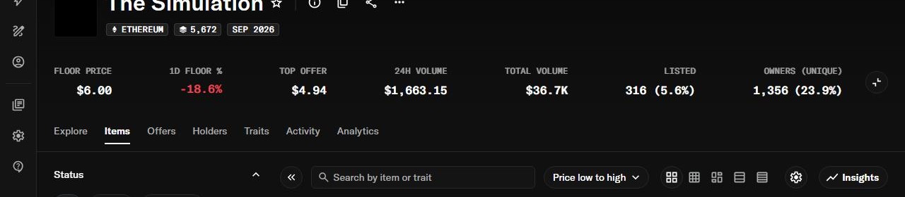 The OpenSea page for The Simulation. Floor price 6 dollars, 5672 items, 1356 owners, total volume 36.7 thousand dollars.