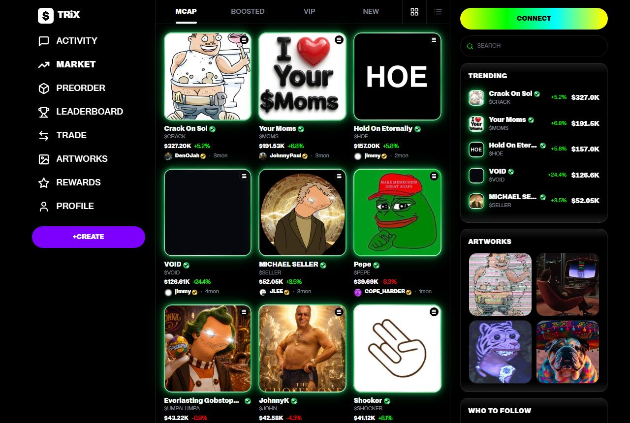 The trix.market page. A market-cap grid of meme coins, a trending column, and an artworks strip.