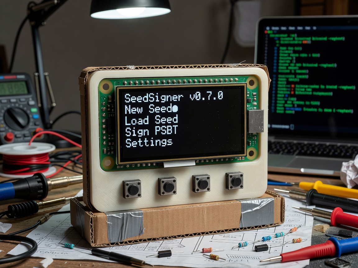 Raspberry Pi Zero, LCD module and push buttons laid out as parts for SeedSigner build